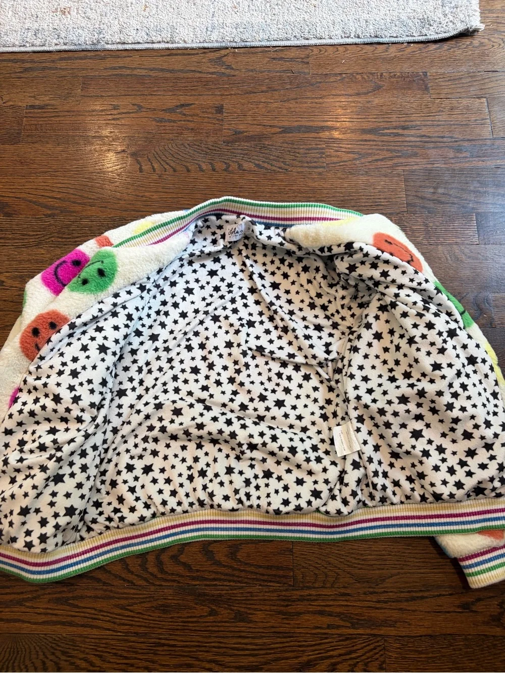 Lola + The Boys Cream Smiley Fleece Bomber Jacket with Multicolor Faces